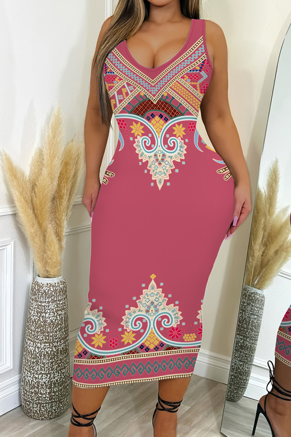 Pink Graphic Print U Neck Sleeveless Casual Outing Bodycon Maxi Dress