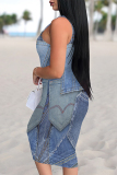 Blue Faux Denim Print U Neck Sleeveless Casual Outing Distressed Bodycon Pencil Midi Dress