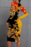 Leopard Floral Print O Neck Long Sleeve Casual Outing Bodycon Pencil Midi Dress