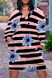 White Plaid Floral Print V Neck Long Sleeve Casual Outing Straight Loose T Shirt Midi Dress