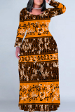 Black Brown National Totem Print O Neck Long Sleeve Casual Outing Plus Size Straight Loose Maxi Dress