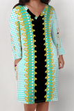 White Plaid Floral Print V Neck Long Sleeve Casual Outing Straight Loose T Shirt Midi Dress