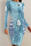 Blue Faux Denim Print O Neck Long Sleeve Casual Outing Distressed Bodycon Pencil Midi Dress