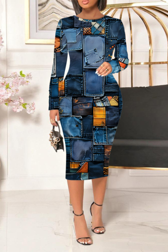 Blue Faux Denim Print O Neck Long Sleeve Casual Outing Bodycon Pencil Midi Dress