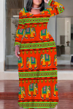 Black Brown National Totem Print O Neck Long Sleeve Casual Outing Plus Size Straight Loose Maxi Dress