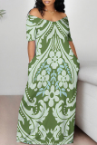 Green National Totem Flowers Print V Neck Short Sleeve Casual Outing Straight Loose T Shirt Maxi Dress