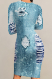 Blue Faux Denim Print O Neck Long Sleeve Casual Outing Distressed Bodycon Pencil Midi Dress