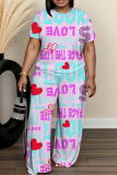 Pink Orange Letter Print Round Neck Short Sleeve T-shirt And Wide Leg Pants Two Pieces Trouser Sets