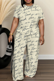 Pink Orange Letter Print Round Neck Short Sleeve T-shirt And Wide Leg Pants Two Pieces Trouser Sets