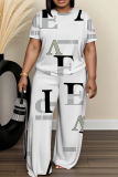 Pink Orange Letter Print Round Neck Short Sleeve T-shirt And Wide Leg Pants Two Pieces Trouser Sets