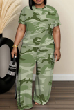 Green Camouflage Print Round Neck Short Sleeve T-shirt And Wide Leg Pants Two Pieces Trouser Sets