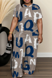Pink Orange Letter Print Round Neck Short Sleeve T-shirt And Wide Leg Pants Two Pieces Trouser Sets