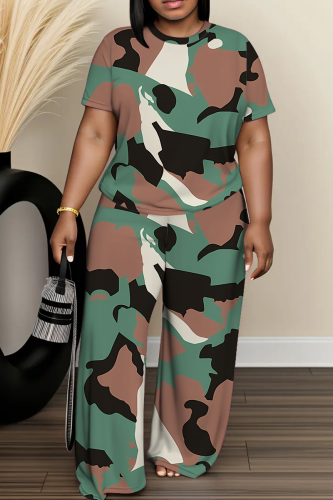 Green Camouflage Print Round Neck Short Sleeve T-shirt And Wide Leg Pants Two Pieces Trouser Sets