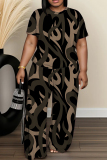 Green Camouflage Print Round Neck Short Sleeve T-shirt And Wide Leg Pants Two Pieces Trouser Sets