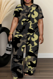 Green Camouflage Print Round Neck Short Sleeve T-shirt And Wide Leg Pants Two Pieces Trouser Sets