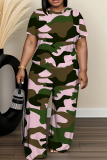 Green Camouflage Print Round Neck Short Sleeve T-shirt And Wide Leg Pants Two Pieces Trouser Sets
