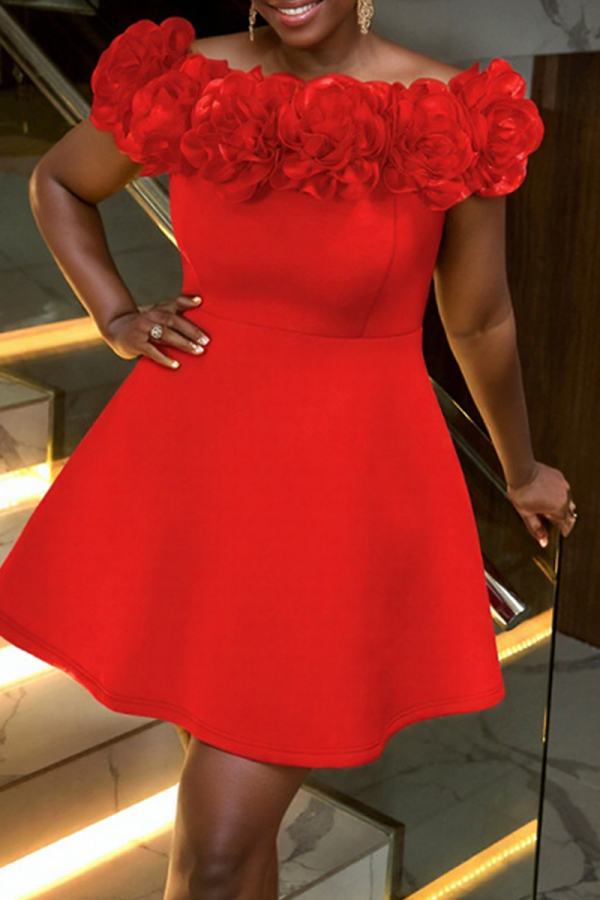 Red 3D Flowers Trim Off Shoulder Sleeveless Formal Evening Party Prom A Line Mini Dresses