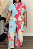 Green Camouflage Print Round Neck Short Sleeve T-shirt And Wide Leg Pants Two Pieces Trouser Sets