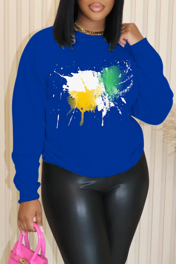 Blue Graphics Print O Neck Long Sleeve Casual Fall Winter Sweatshirt