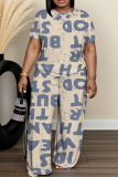 Pink Orange Letter Print Round Neck Short Sleeve T-shirt And Wide Leg Pants Two Pieces Trouser Sets