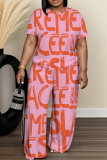 Pink Orange Letter Print Round Neck Short Sleeve T-shirt And Wide Leg Pants Two Pieces Trouser Sets