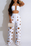 Sleeveless Metal Ring Trim Belted Halter Crop Tops And Hollow Out Wide Leg Pants Vacation Two Pieces Trouser Sets