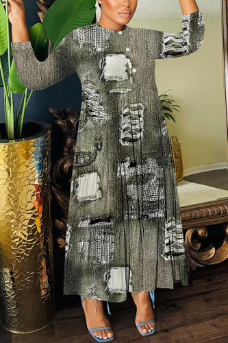 Army Green Graphics Print O Neck 3/4 Sleeve Buttons Ruffle Hem Vacation Casual Maxi Dresses