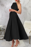 Green Sleeveless Oblique Collar Side Slit Casual Formal Office Lady Pleated Maxi Dresses