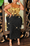 Black Graphics Print Sleeveless Backless Spaghetti Strap Casual Bodycon Shimmer Maxi Slip Dresses