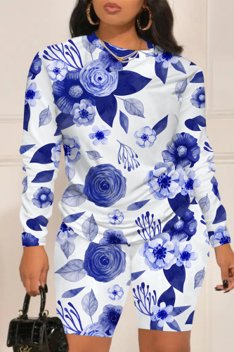 White Blue Floral Print O Neck Long Sleeve Tops And Shorts Casual Two Pieces Shorts Sets