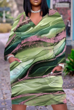 Dark Brown Graphics Print V Neck Long Sleeve Ankle Length Casual Outings Plus Size Straight Loose Pocket Tunic Maxi Dress