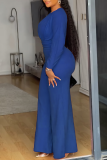 Coral Pink O Neck Long Sleeve Hollow Out Casual Formal Office Lady Wide Leg Jumpsuits