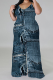 Teal Distressed Faux Denim Print V Neck Sleeveless Vacation Casual Plus Size Wide Leg Cami Jumpsuits