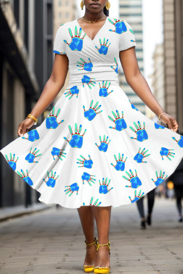 White Blue Graphics Print V Neck Short Sleeve Casual Halloween Flowy Midi Dress