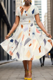 White Blue Graphics Print V Neck Short Sleeve Casual Halloween Flowy Midi Dress