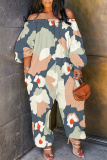 Multicolor Graphcis Print Off Shoulder Long Sleeve Casual Vacation Harem Leg Jumpsuits