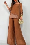 Grey Sequins O Neck Half Sleeve Chiffon Blouse And Wide Leg Pants Vacation Casual Two Pieces Trouser Sets