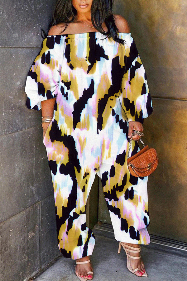 Multicolor Graphcis Print Off Shoulder Long Sleeve Casual Vacation Harem Leg Jumpsuits