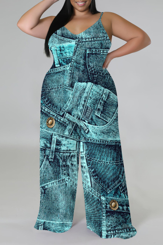 Teal Distressed Faux Denim Print V Neck Sleeveless Vacation Casual Plus Size Wide Leg Cami Jumpsuits