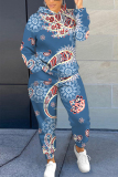 Brown Boho Floral Print Long Sleeve Hooded Sweatshirt And Skinny Pant Casual Sportwear Plus Size Two Piece Jogger Set