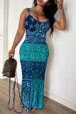 White Graphics Print Backless Sleeveless Spaghetti Strap Floor Length Long Baggy Vacation Maxi Slip Dresses