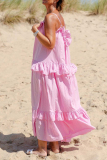White U Neck Sleeveless Flounce Ruffle Trim Vacation Maxi Slip Dresses