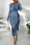 Teal Distressed Faux Denim Print O Neck Long Sleeve Casual Outing Distressed Bodycon Pencil Maxi Dress