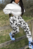 Grey Camouflage Print Hooded Long Sleeve Sweatshirt And Sweatpants Fall Winter Sportwear Two Pieces Sweatsuits Sets