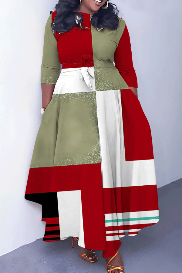Red Graphcis Print O Neck 3/4 Sleeve Belted Waist Casual Outing Plus Size Straight Loose Maxi Dresses