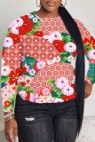 Red Floral Print O Neck Long Sleeve Fall Winter Casual Sweatshirt Tops