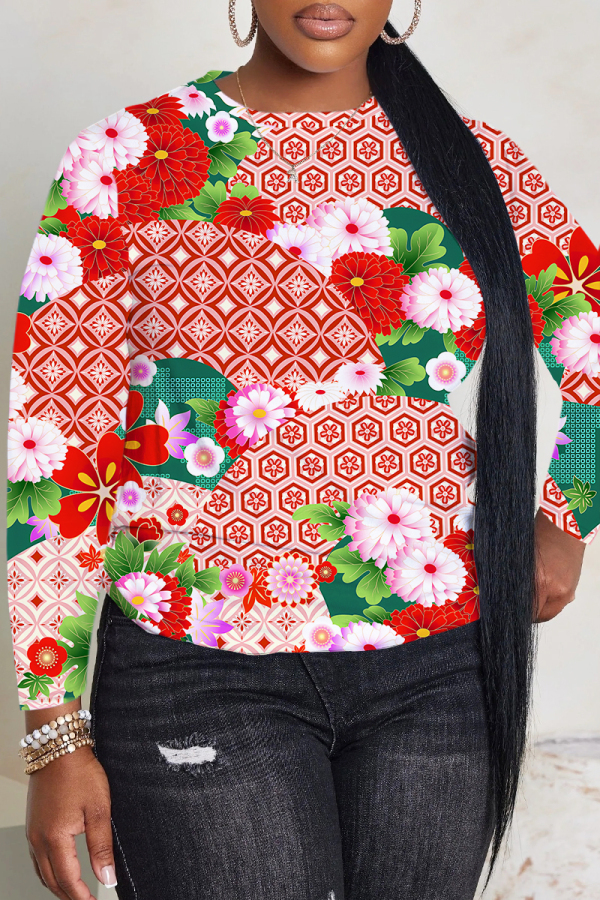 Red Floral Print O Neck Long Sleeve Fall Winter Casual Sweatshirt Tops