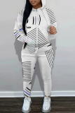 White Blue Graphics Print Hooded Long Sleeve Sweatshirt And Sweatpants Fall Winter Sportwear Two Pieces Sweatsuits Sets