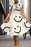 White Blue Graphics Print V Neck Short Sleeve Casual Halloween Flowy Midi Dress