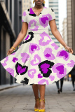 White Blue Graphics Print V Neck Short Sleeve Casual Halloween Flowy Midi Dress